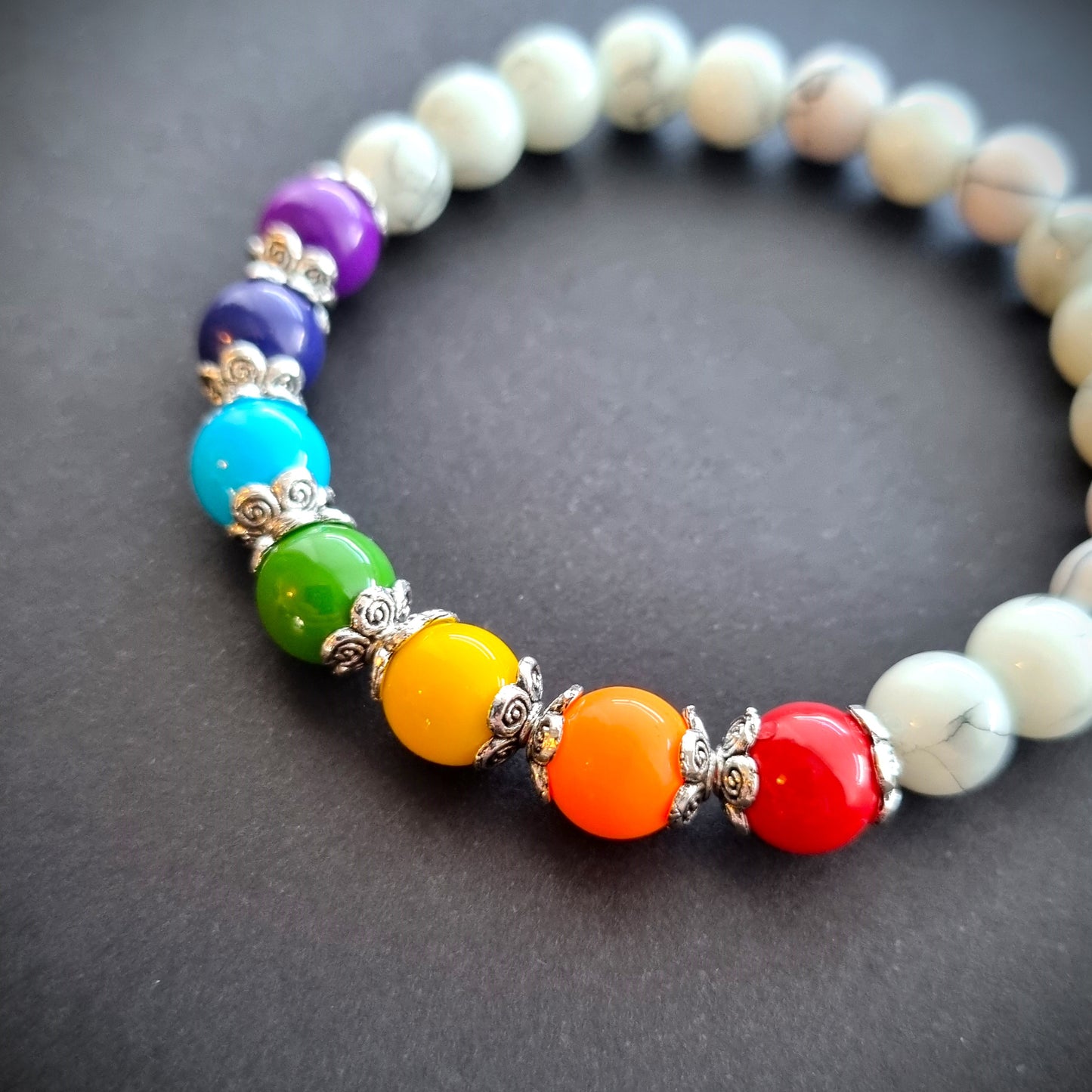 Seven Chakra Style & Marble Effect Glass Bead Bracelet