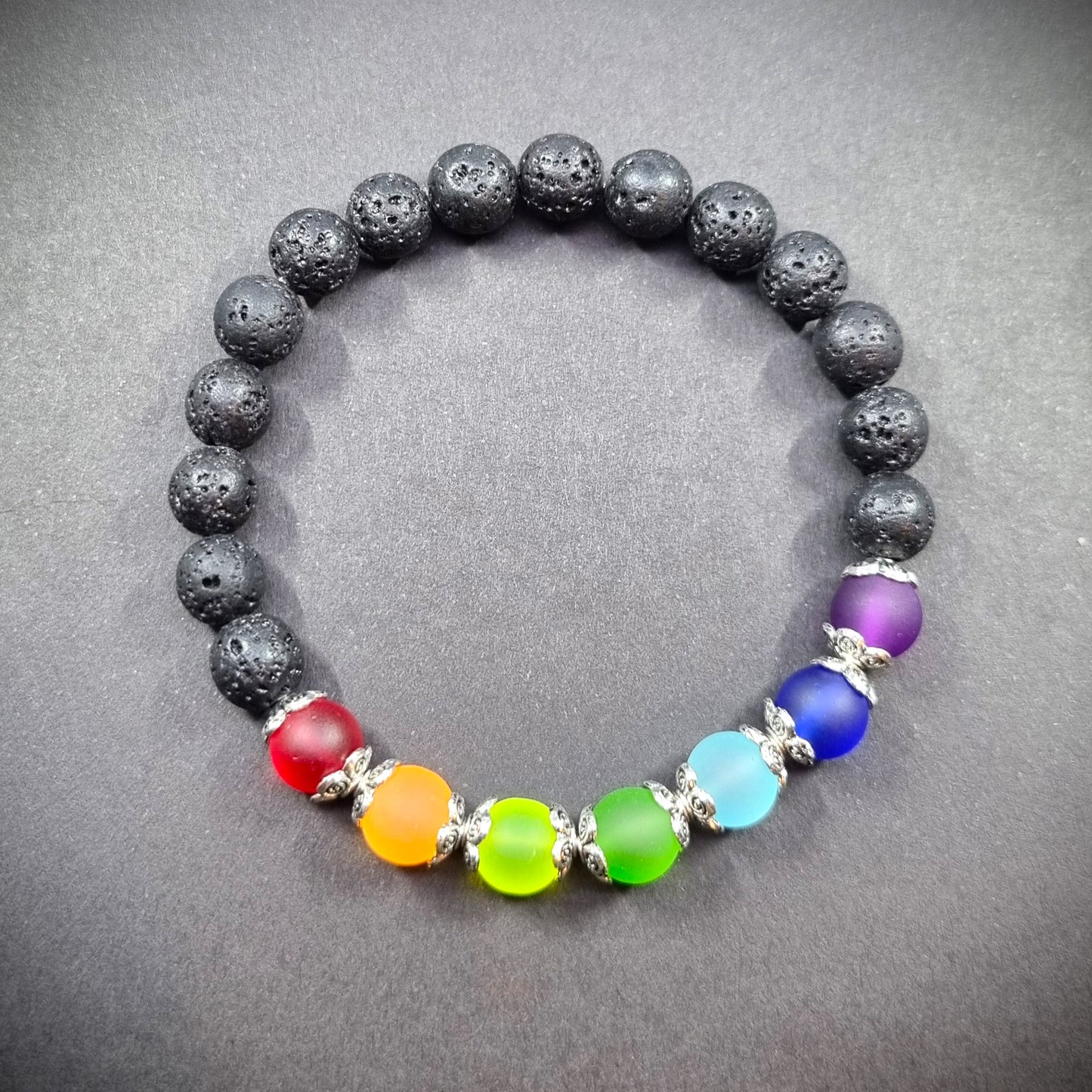 Seven Chakra Style Glass Bead & Natural Lava Rock Bracelet