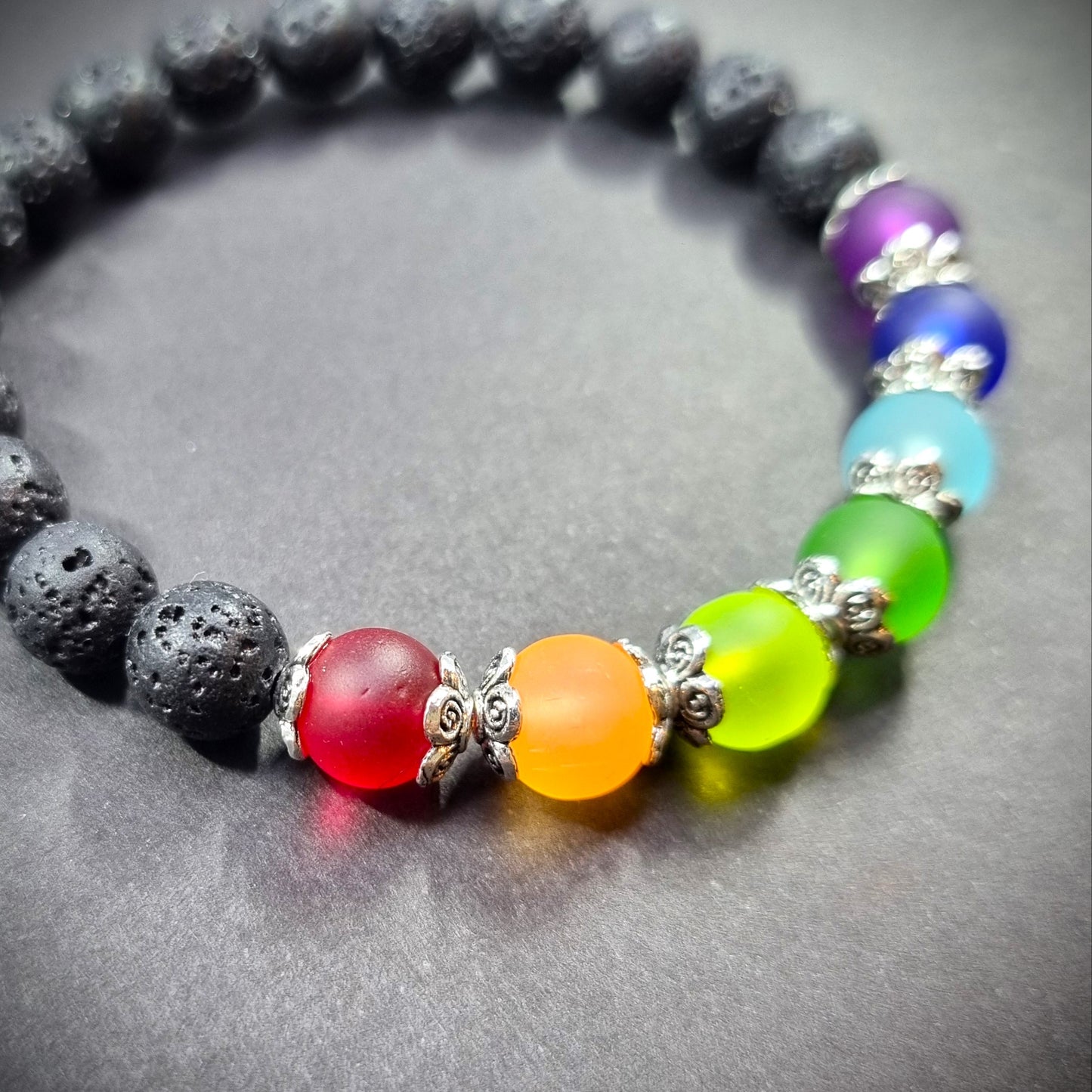 Seven Chakra Style Glass Bead & Natural Lava Rock Bracelet