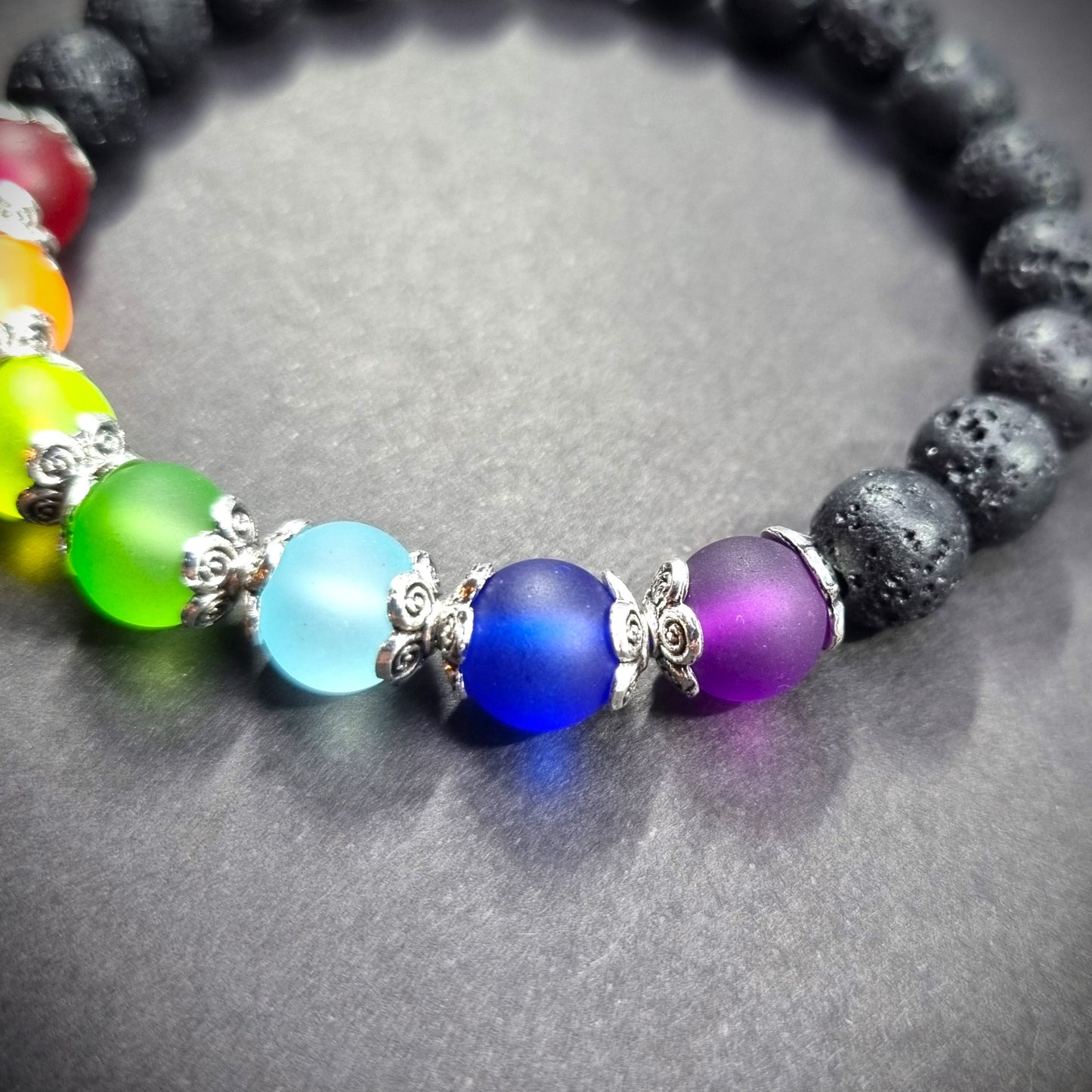 Seven Chakra Style Glass Bead & Natural Lava Rock Bracelet