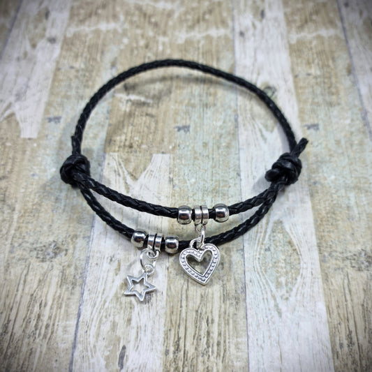 Double Black Braided Leather Fully Adjustable Charm Bracelet