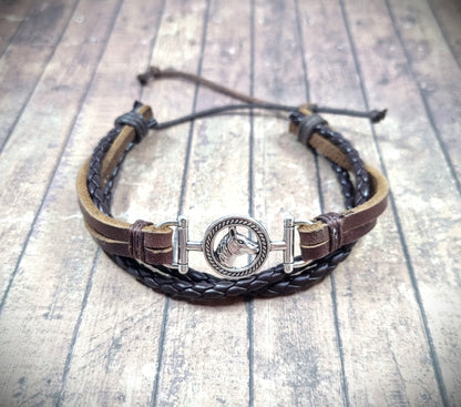 Adjustable Horse Emblem & Horse Bit Brown Braided Leather wax cord bracelet