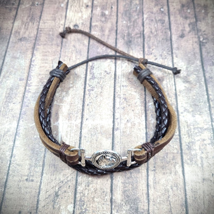 Adjustable Horse Emblem & Horse Bit Brown Braided Leather wax cord bracelet