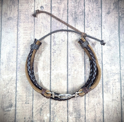 Adjustable Horse Emblem & Horse Bit Brown Braided Leather wax cord bracelet