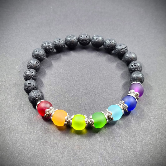 Seven Chakra Style Glass Bead & Natural Lava Rock Bracelet