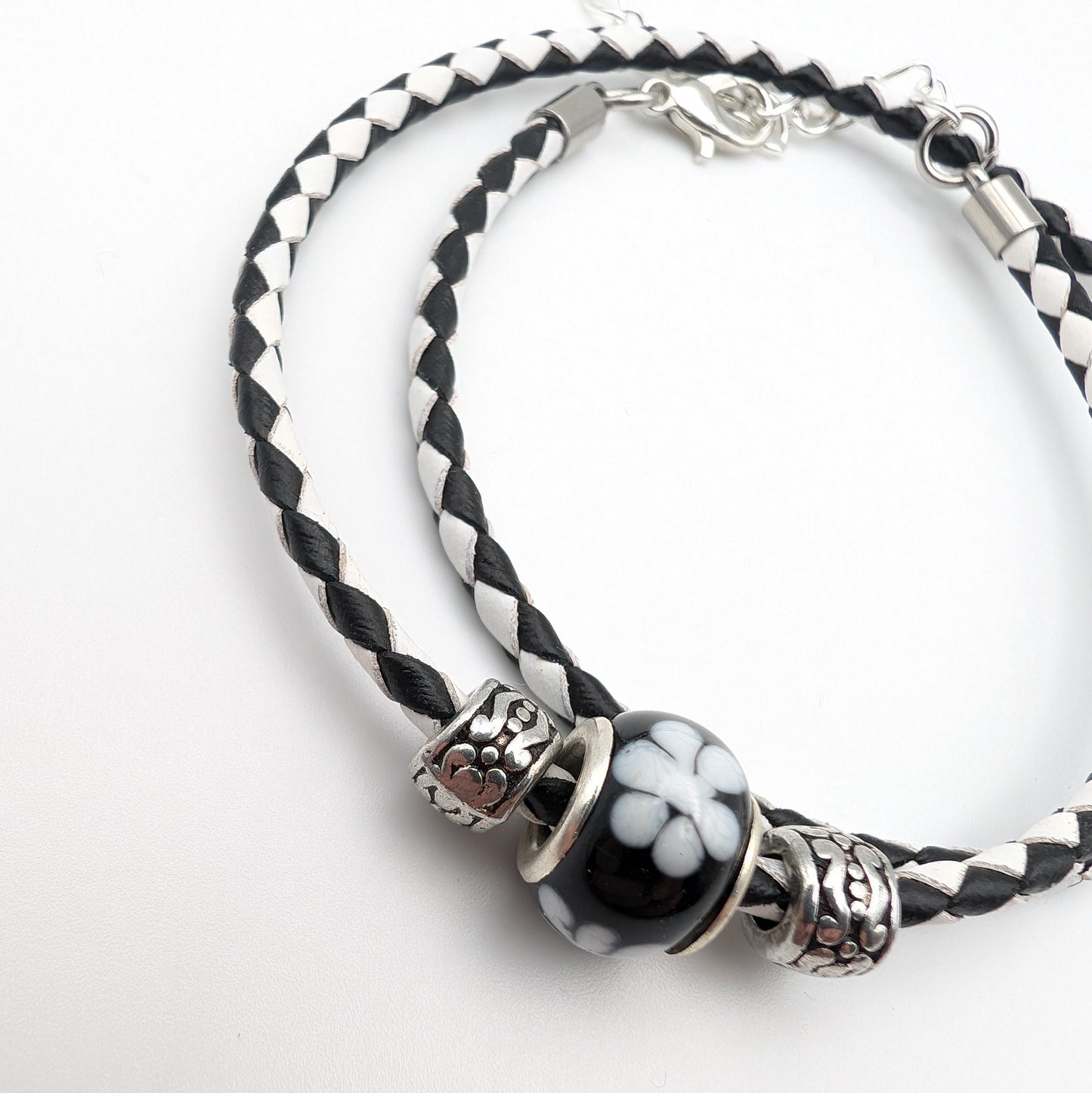 Double Black & White Braided Leather Floral Murano Style Glass Charm Bracelet